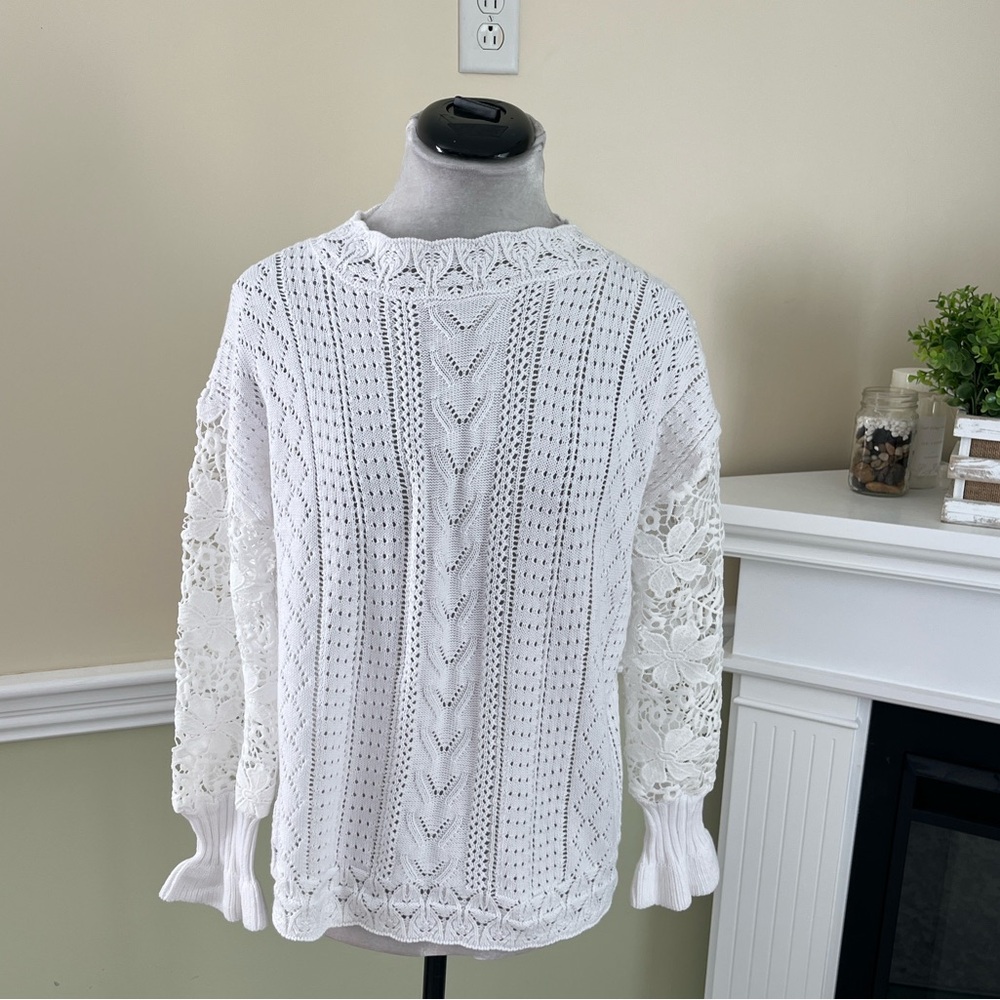 AMAZON White Crochet & Embroidery Knit Ruffled Cuff Lightweight Sweater S NWOT - Picture 3 of 9
